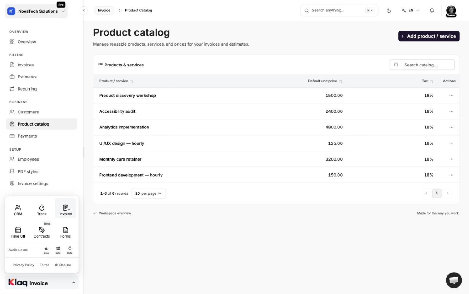 Catálogo de productos en el espacio de demostración de Klaq
