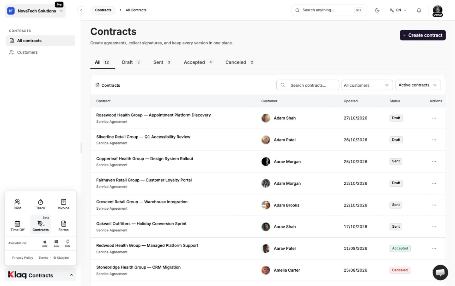 Contratos overview en el espacio de demostración de Klaq